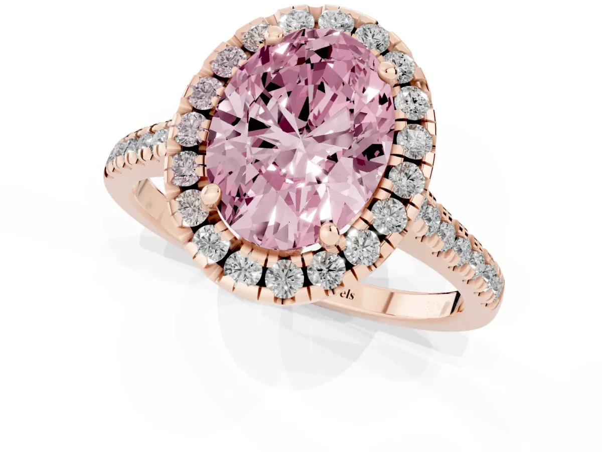 Fancy Pink Oval Cut Diamond Cushion Halo Ring with Pavé Band Rose gold