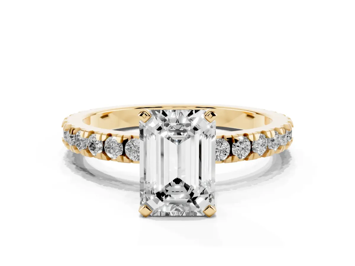 Emerald Cut Diamond Pavé Band Solitaire with Four-Prong Setting Yellow gold