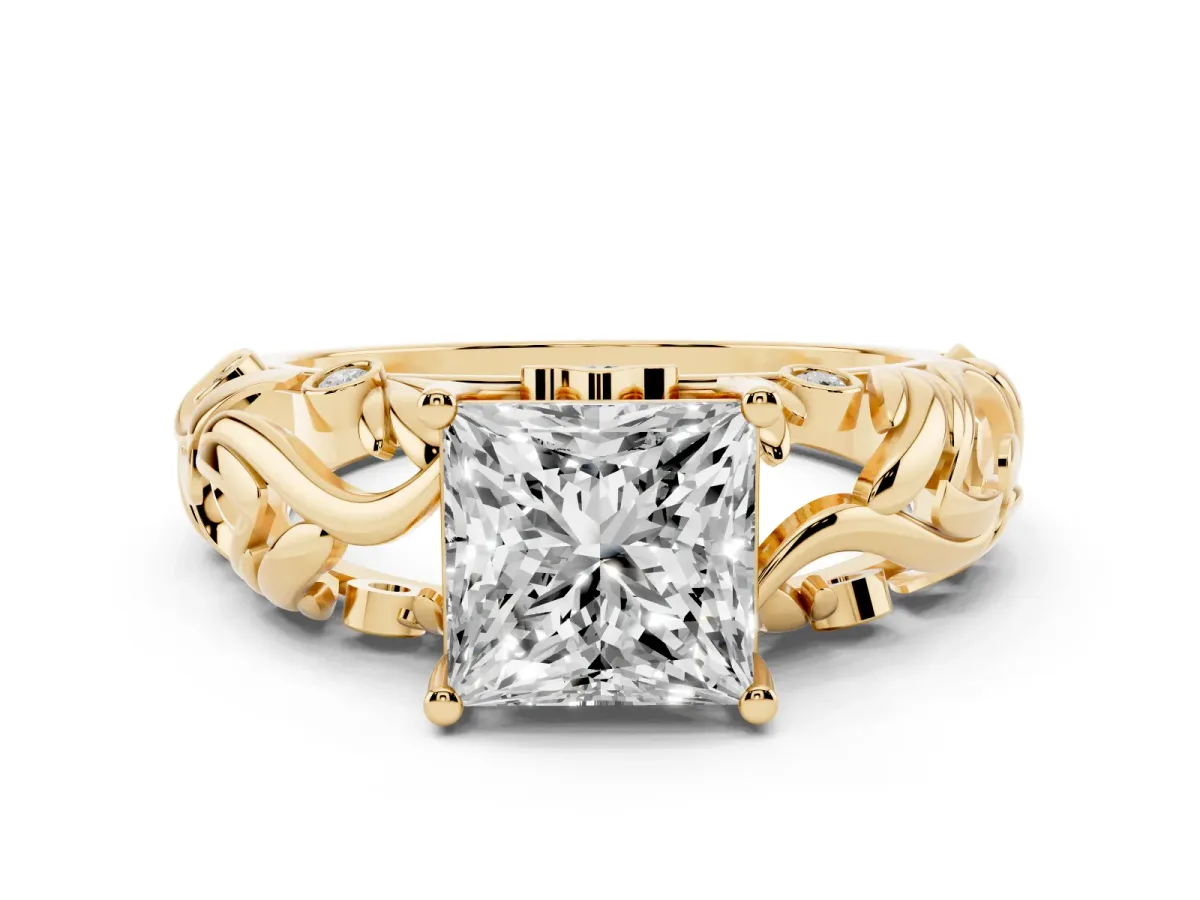 Princess Cut Solitaire Diamond Leaf-Inspired Vine Band Ring with Prong Setting Yellow gold