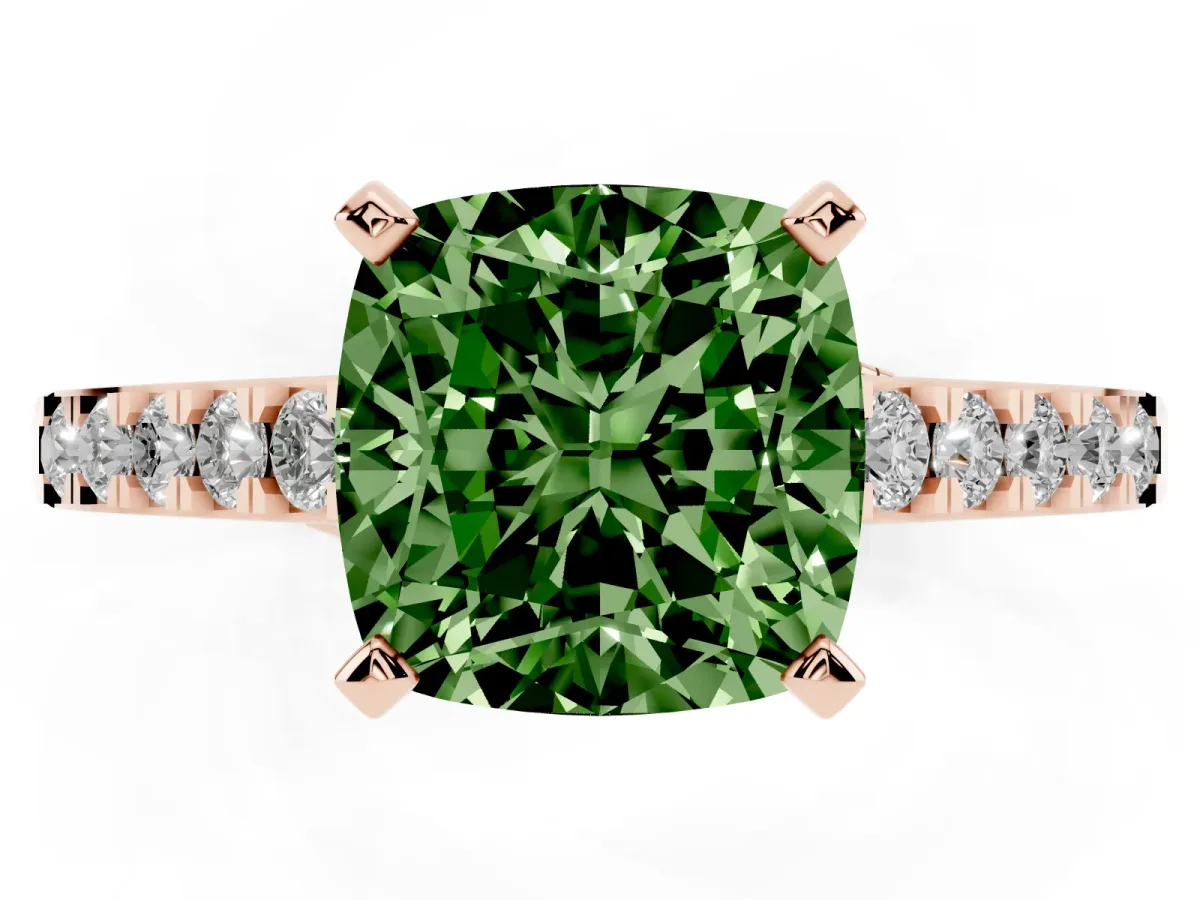 Fancy Green Cushion Cut Diamond Solitaire Ring with Crossover Gallery and Round Pavé Band Rose gold
