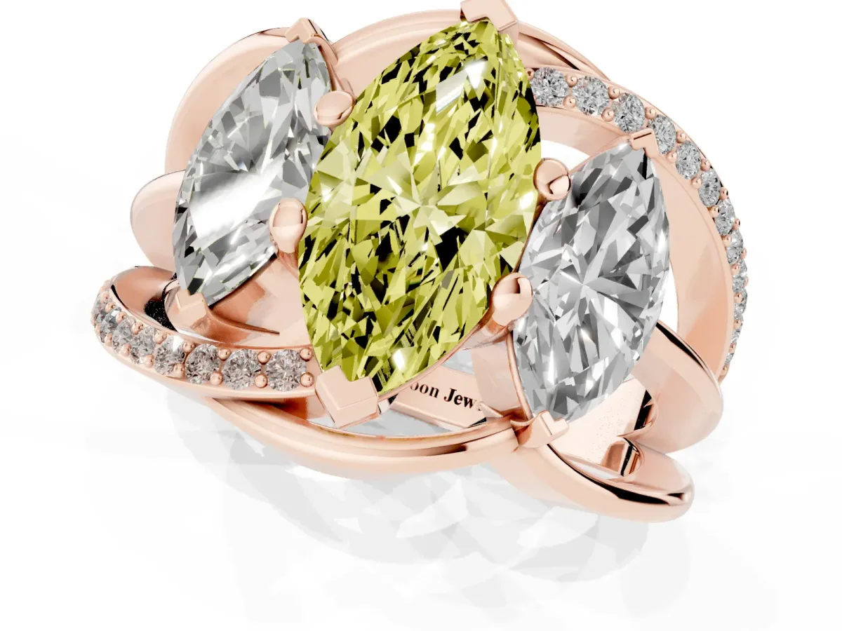 Fancy Yellow Three-Stone Marquise Cut Cut Diamond Split Shank Prong Set Ring Rose gold