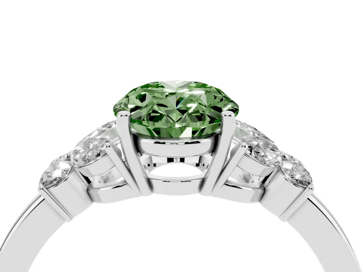 Fancy Green Oval Cut Cut Solitaire Floral Diamond Ring with Four-Prong Setting Platinum