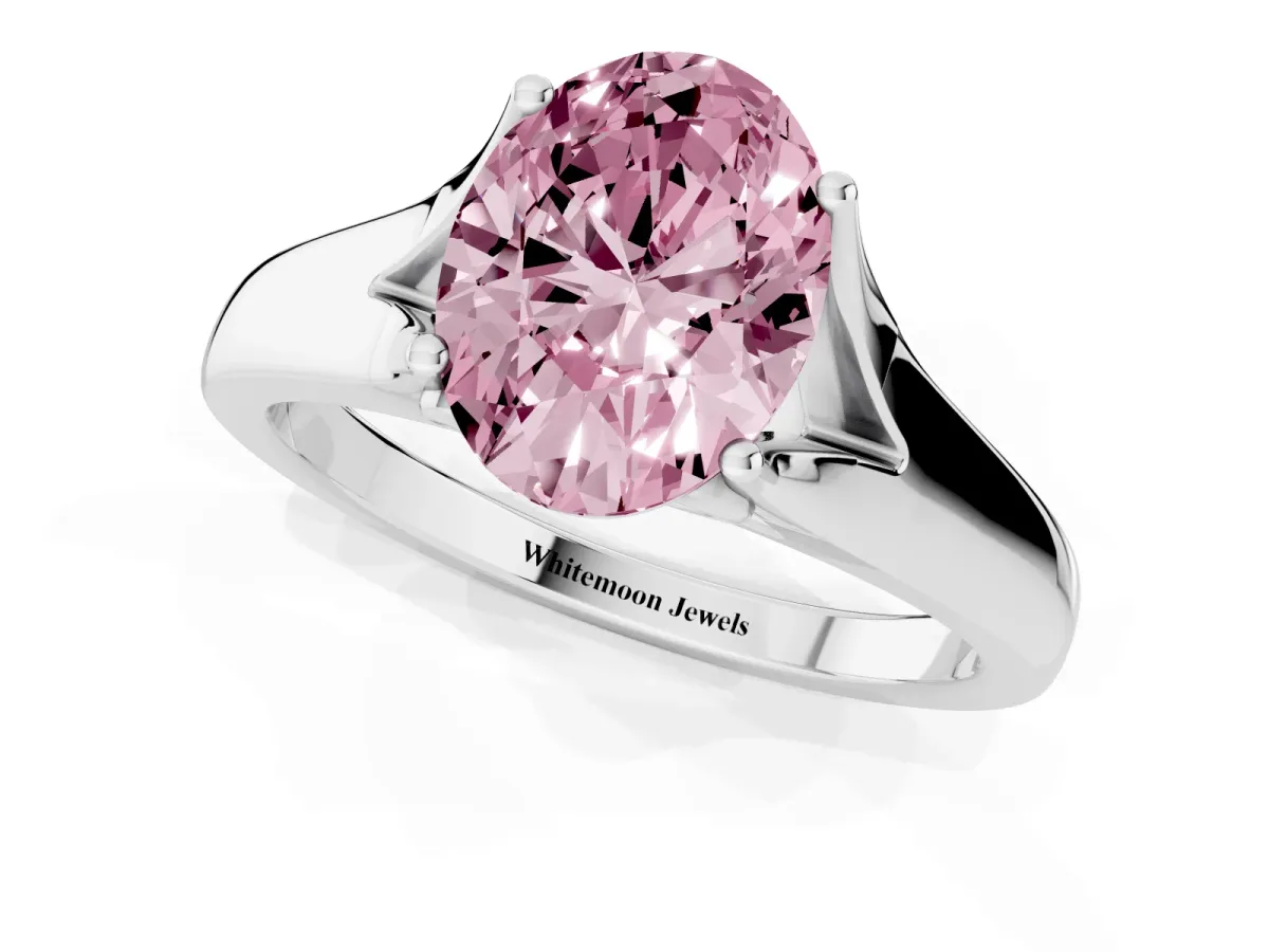 Fancy Pink Oval Cut Solitaire Diamond Ring with Cathedral Band and Four-Prong Setting Silver