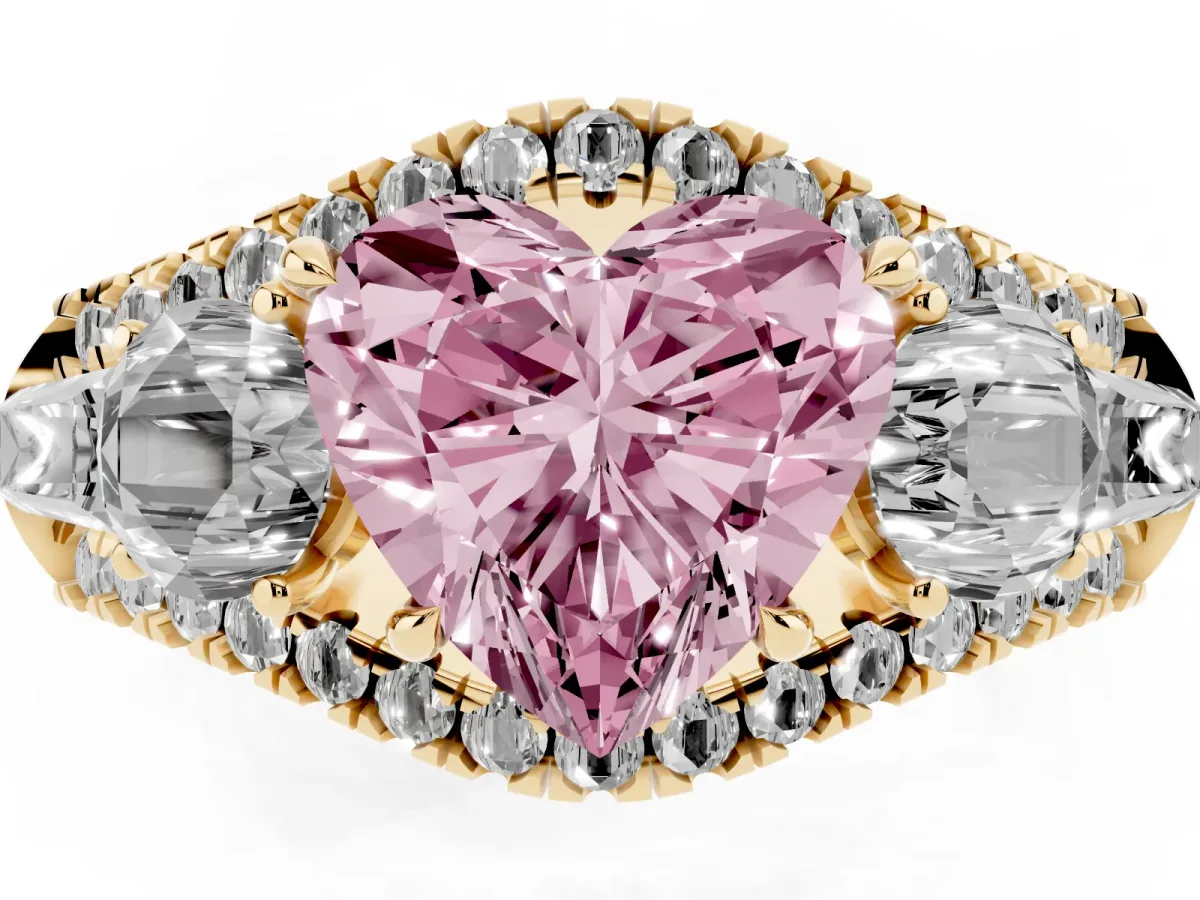 Fancy Pink Three-Stone Heart Cut Diamond Engagement Ring with Pave Band and Prong Setting Yellow gold
