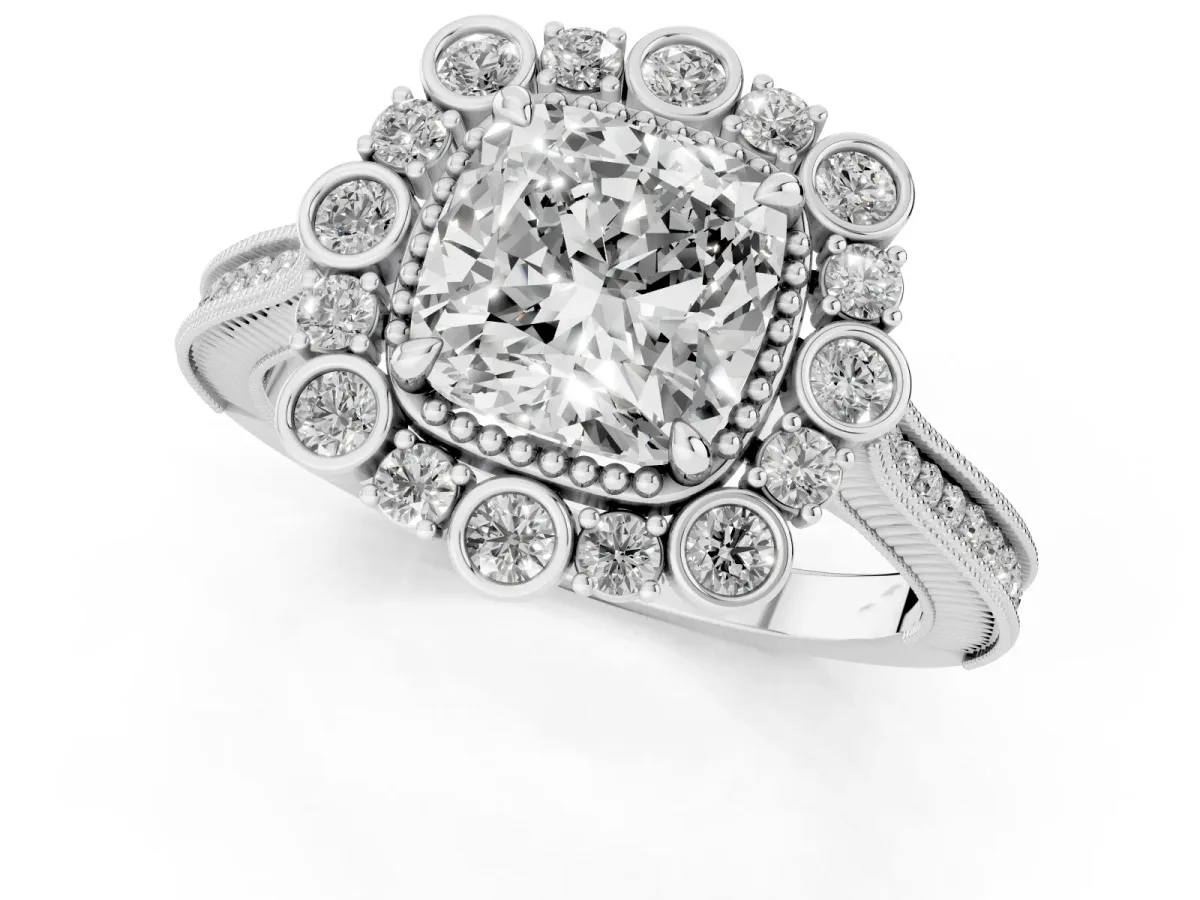 Cushion Cut Halo Milgrain Pave Diamond Ring with Four-Prong Setting Platinum