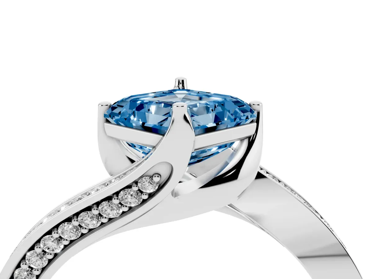 Fancy Blue Asscher Cut Solitaire Diamond Twist Band with Pavé Setting and Four-Prong Setting Platinum