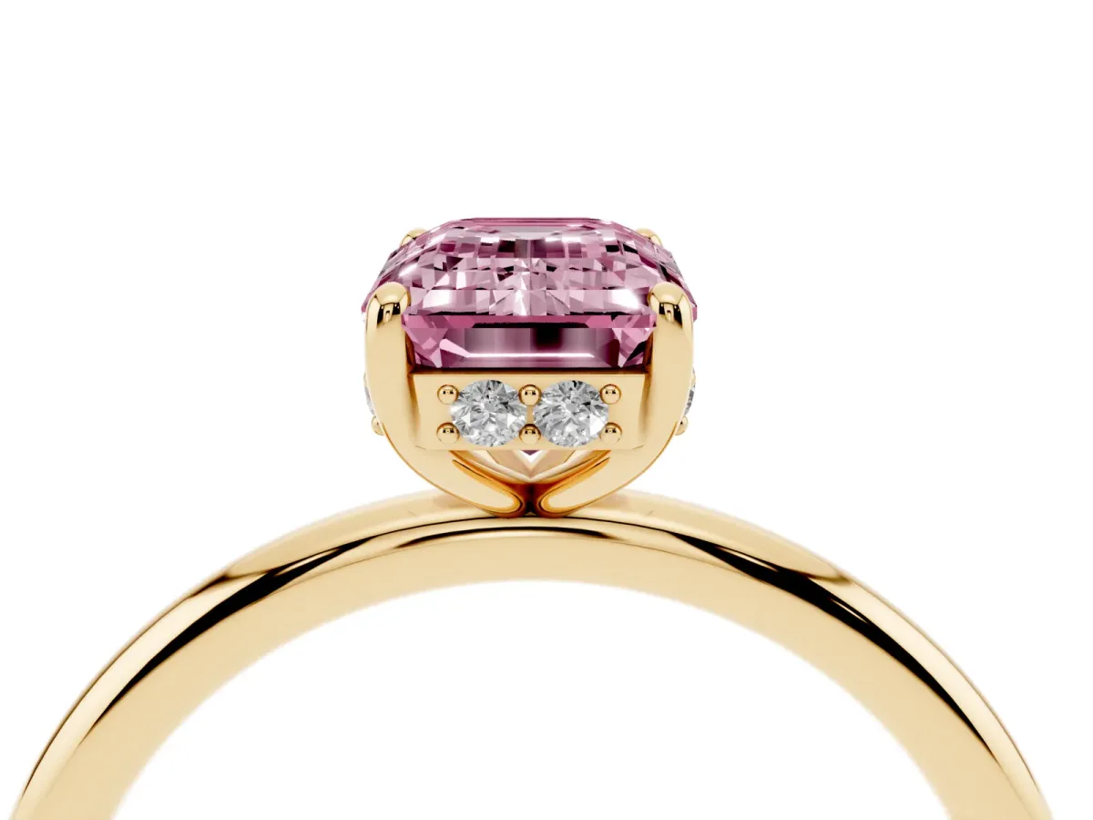 Fancy Pink Emerald Cut Solitaire Diamond Ring with a Classic Band and Four-Prong Setting Yellow gold