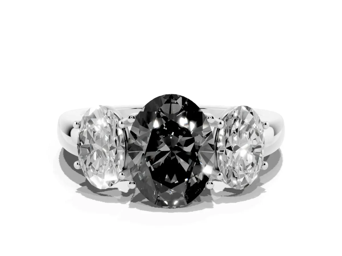 Fancy Black Oval Cut Diamond Three-Stone Ring with Four-Prong Setting and Classic Band Silver