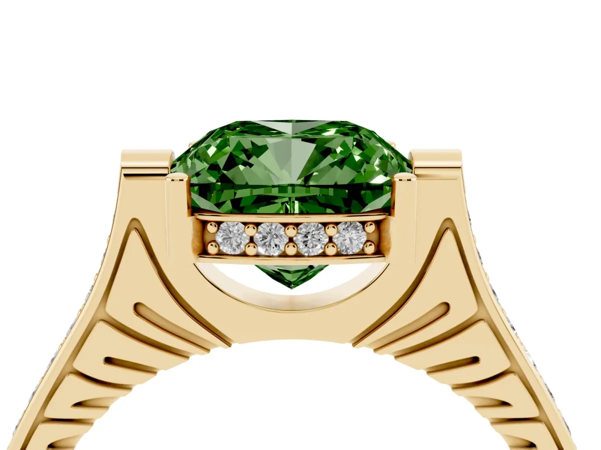 Fancy Green Cushion Cut Solitaire Diamond Ring with Channel Set Band and Bezel Prong Setting Yellow gold