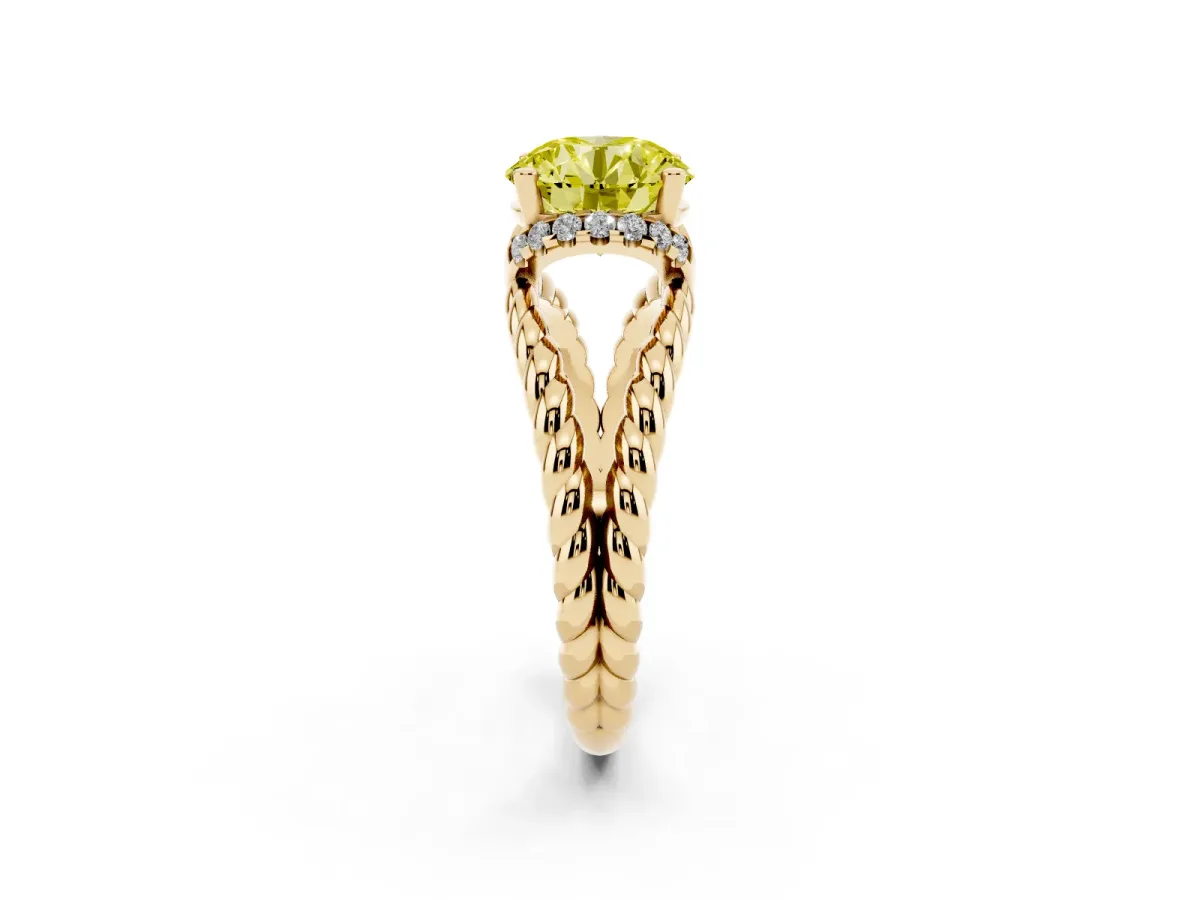 Fancy Yellow Round Cut Halo Twisted Band Four-Prong Ring Yellow gold