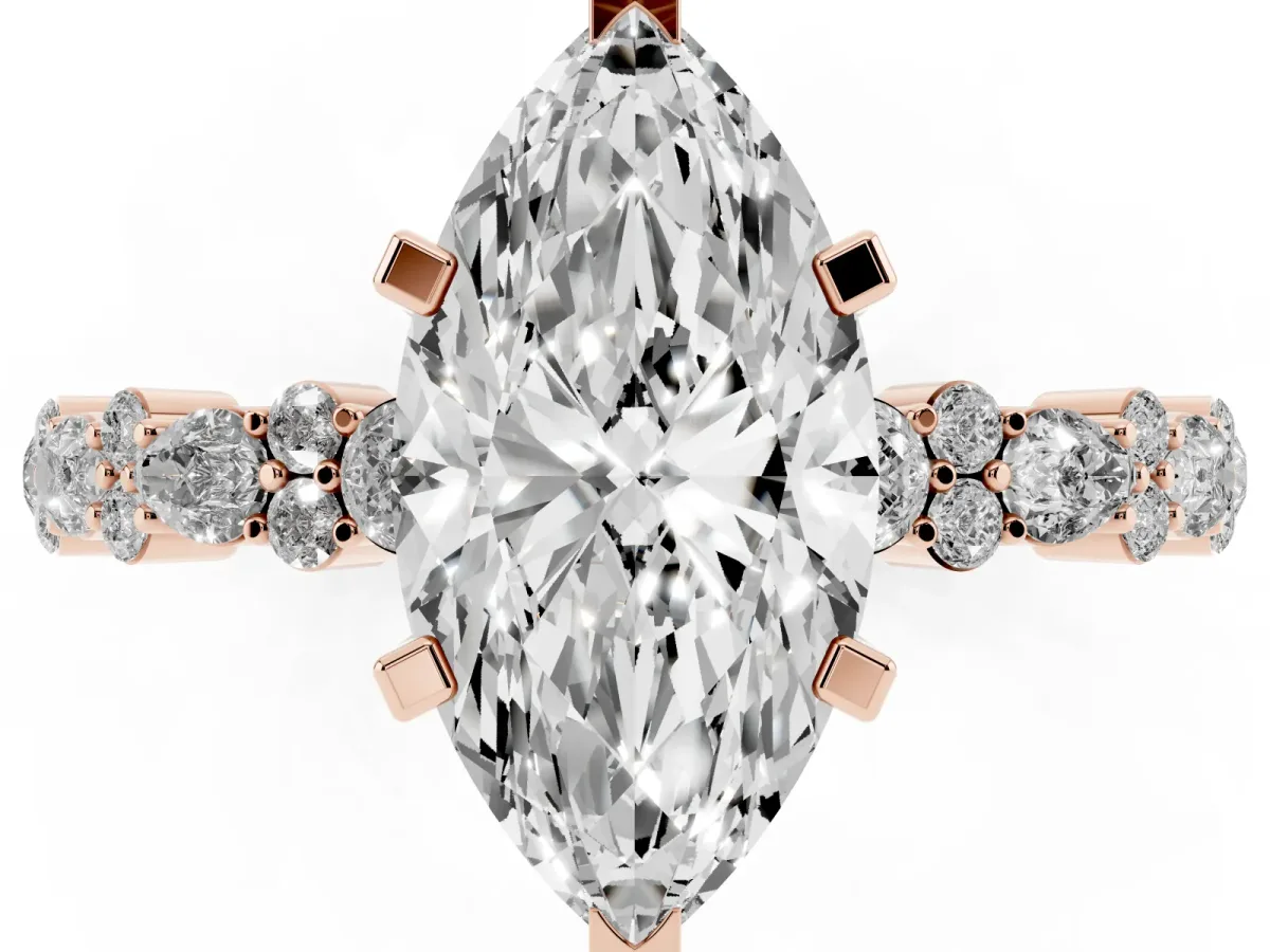 Marquise Cut Diamond Side Stone Solitaire Ring with Round and Four-Prong Setting Rose gold