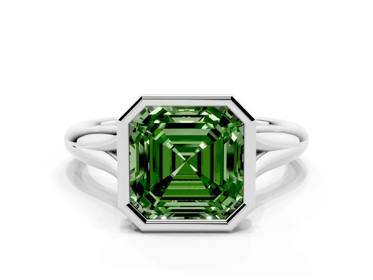 Fancy Green Bezel Set Asscher Cut Solitaire Diamond Ring with Smooth Band Platinum