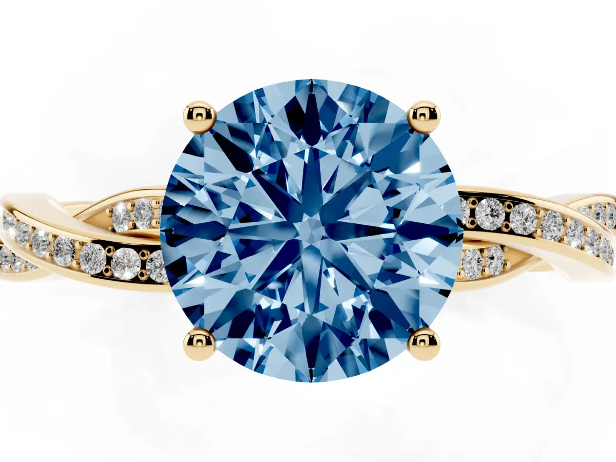 Fancy Blue Round Cut Solitaire Twisted Pave Diamond Ring with Four-Prong Setting Yellow gold