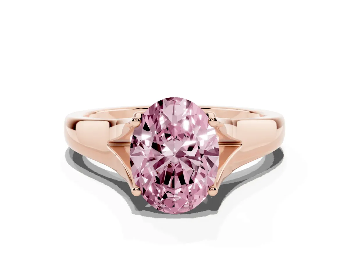 Fancy Pink Oval Cut Solitaire Diamond Ring with Cathedral Band and Four-Prong Setting Rose gold