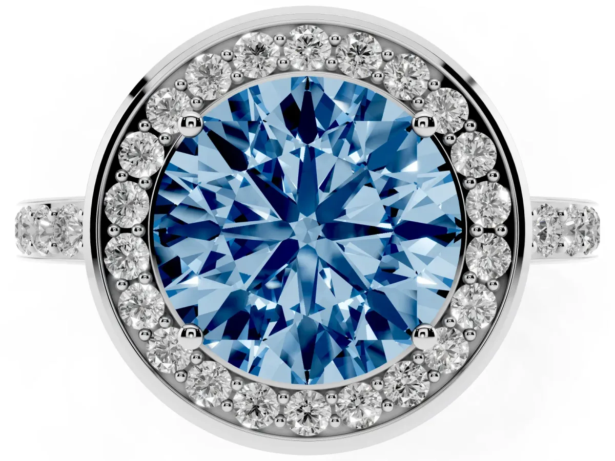 Fancy Blue Round Cut Diamond Halo Ring with Bezel Frame and Pavé Band Silver