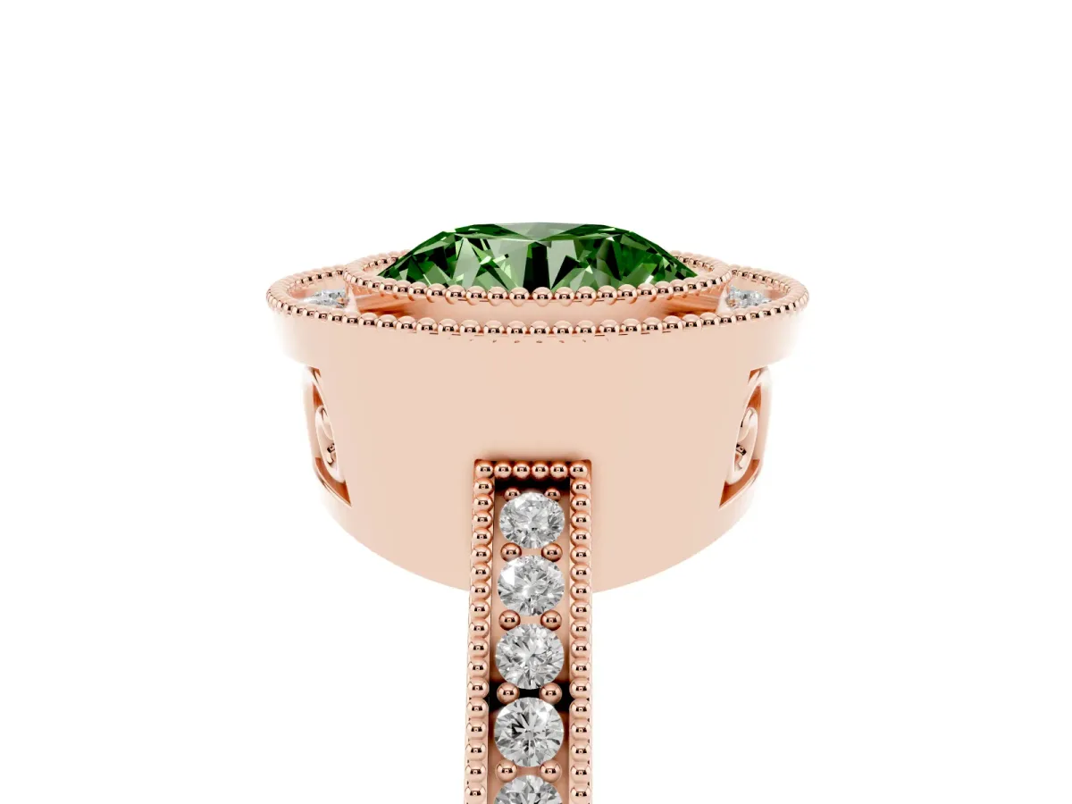 Fancy Green Round Cut Cut Halo Diamond Ring with Pavé Band and Milgrain Prong Setting Rose gold