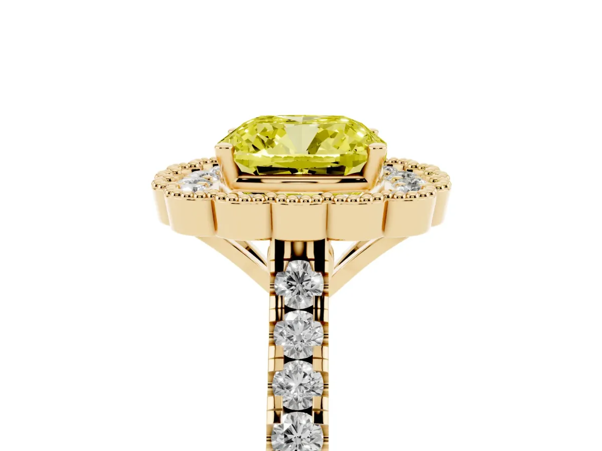 Fancy Yellow Cushion Cut Cut Diamond Milgrain Floral Halo Engagement Ring with Pavé Band Yellow gold