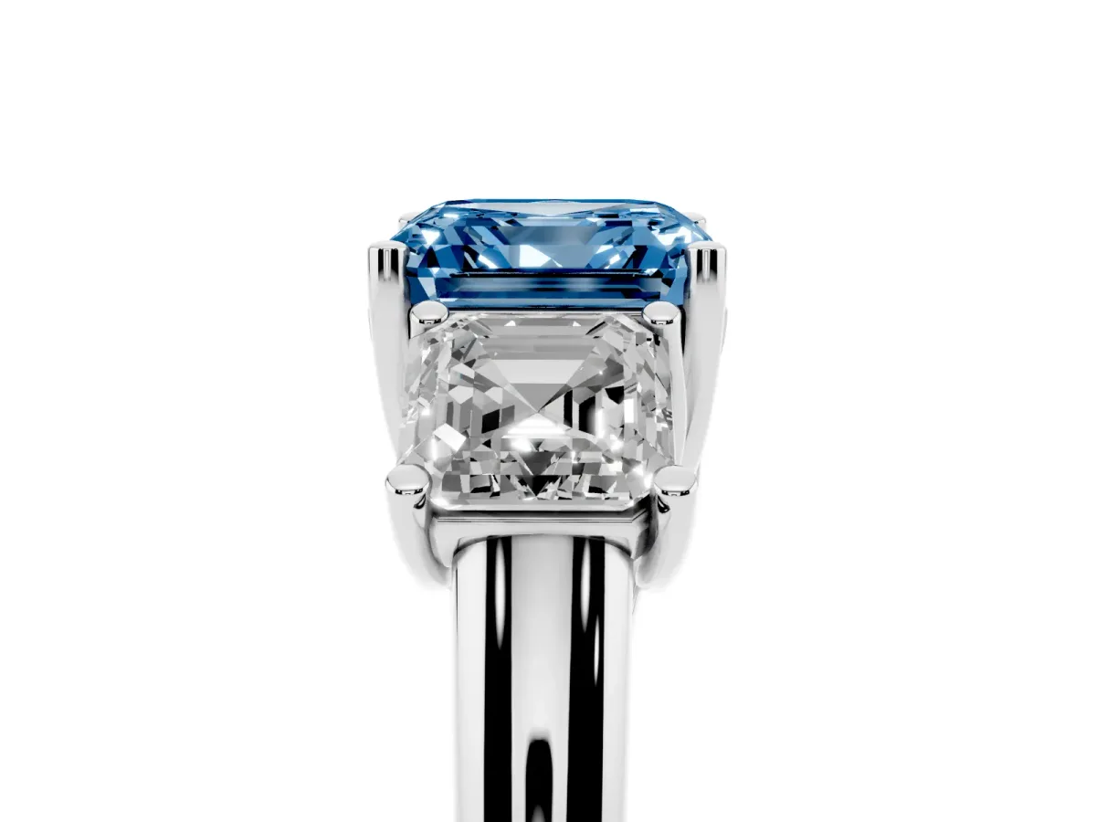 Fancy Blue Three-Stone Asscher Cut Diamond Engagement Ring with Prong Setting Silver