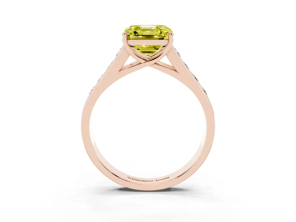 Fancy Yellow Asscher Cut Solitaire Channel-Set Diamond Engagement Ring with Four-Prong Setting Rose gold