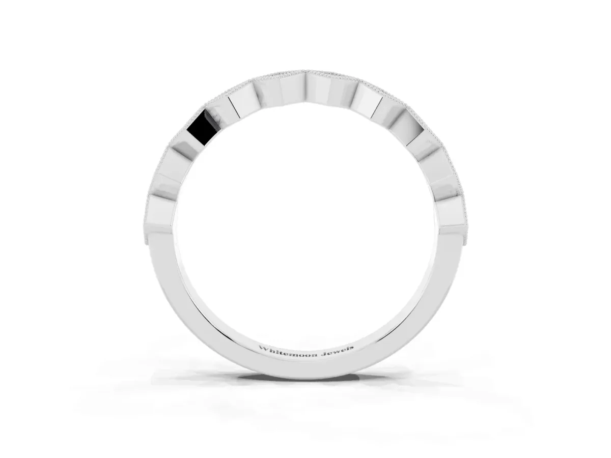Milgrain Diamond Geometric Stackable Band with Round Cut Stones and Bezel Setting Silver