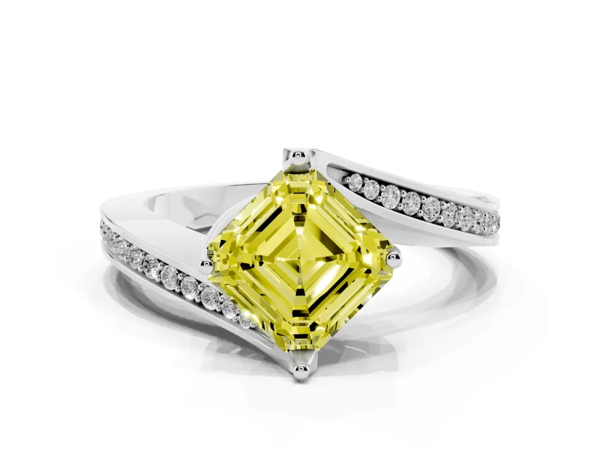 Fancy Yellow Asscher Cut Solitaire Diamond Twist Band with Pavé Setting and Four-Prong Setting Silver