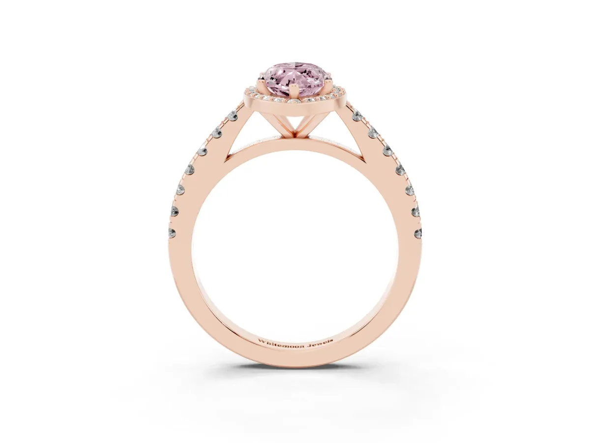 Fancy Pink Marquise Cut Cut Halo Diamond Engagement Ring with Pave Band and Four-Prong Setting Rose gold