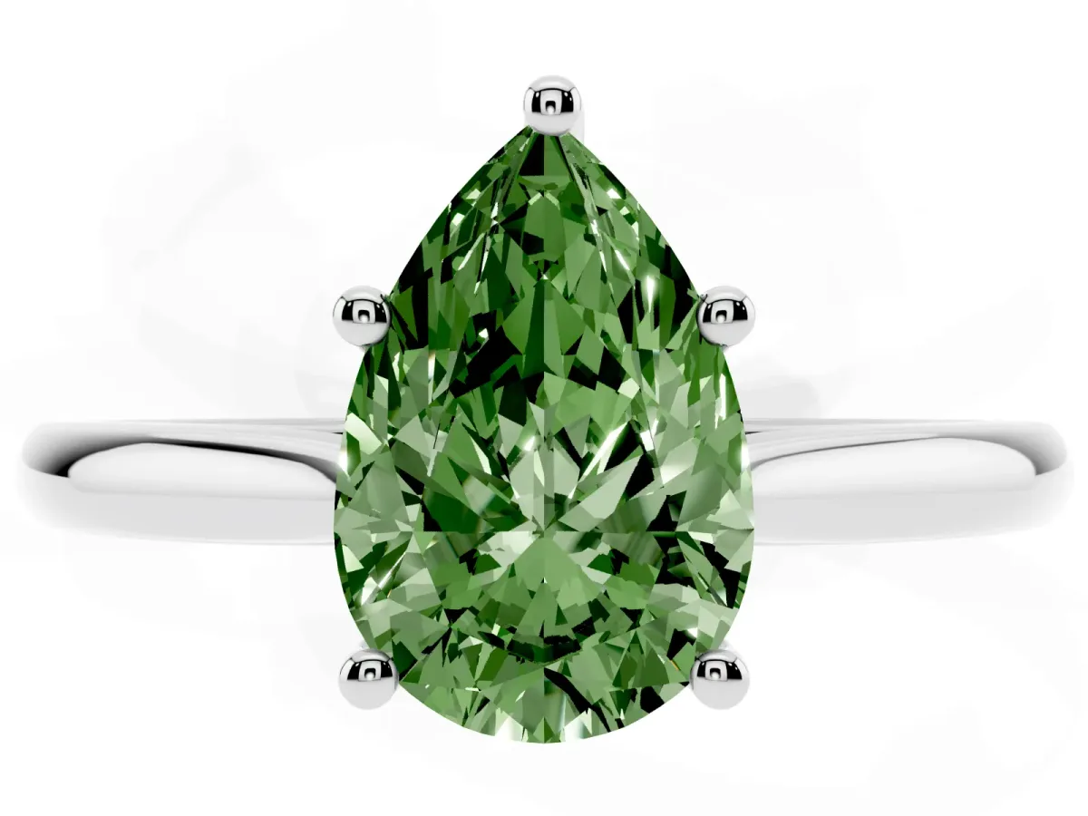 Fancy Green Pear Cut Cut Solitaire Ring with Cathedral Band and Four-Prong Setting Silver