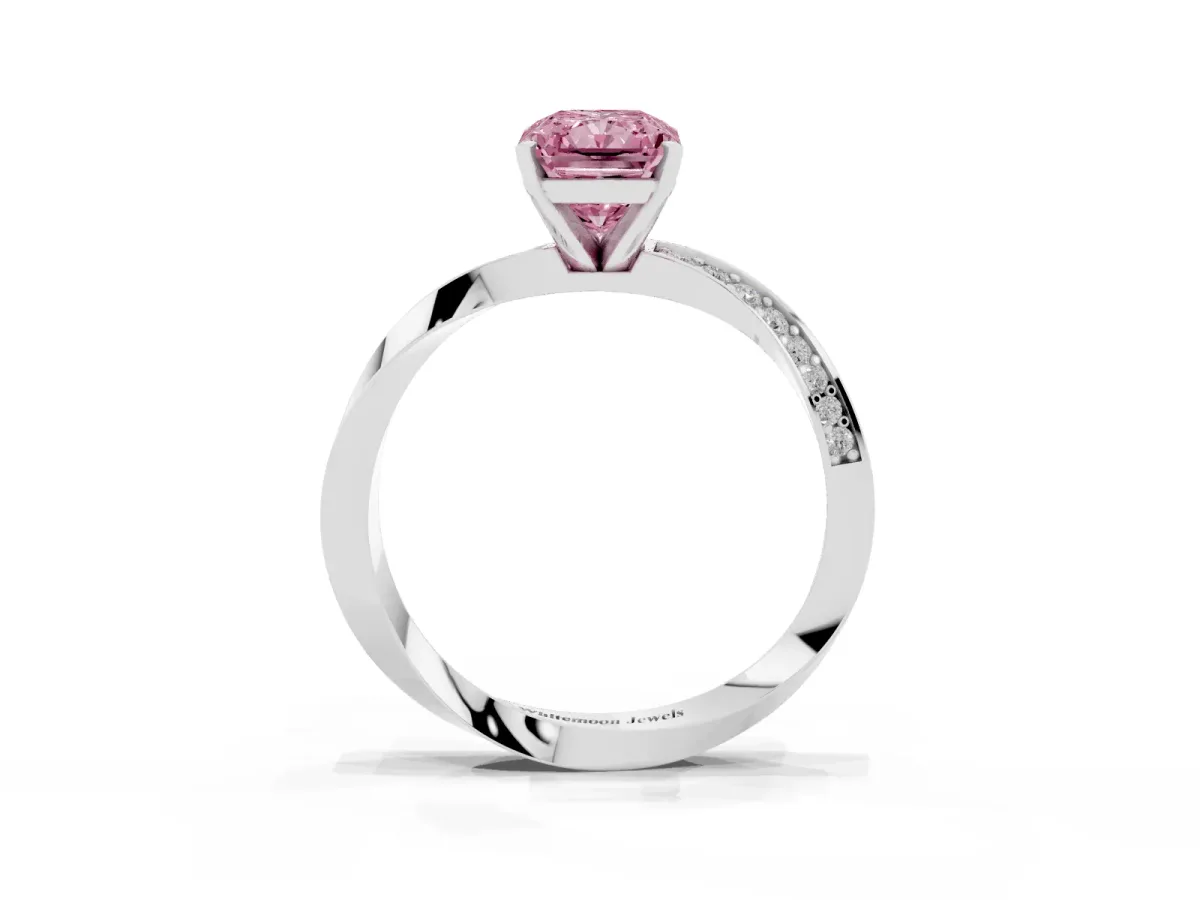 Fancy Pink Radiant Cut Diamond Engagement Ring with Side Stone Accents and Four-Prong Setting White gold