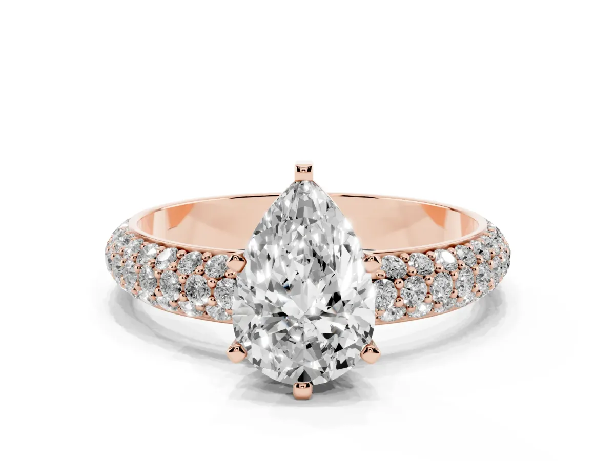 Pear Cut Diamond Solitaire Ring with Prong Setting and Pavé Band Rose gold