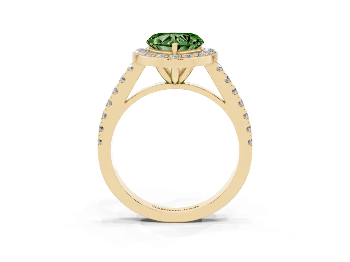 Fancy Green Heart Cut Diamond Halo Ring with Round Pavé Split Shank and Prong Setting Yellow gold