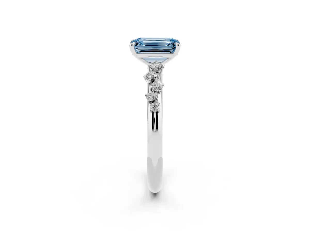 Fancy Blue Emerald Cut Diamond Cluster Prong-Set Solitaire Ring White gold