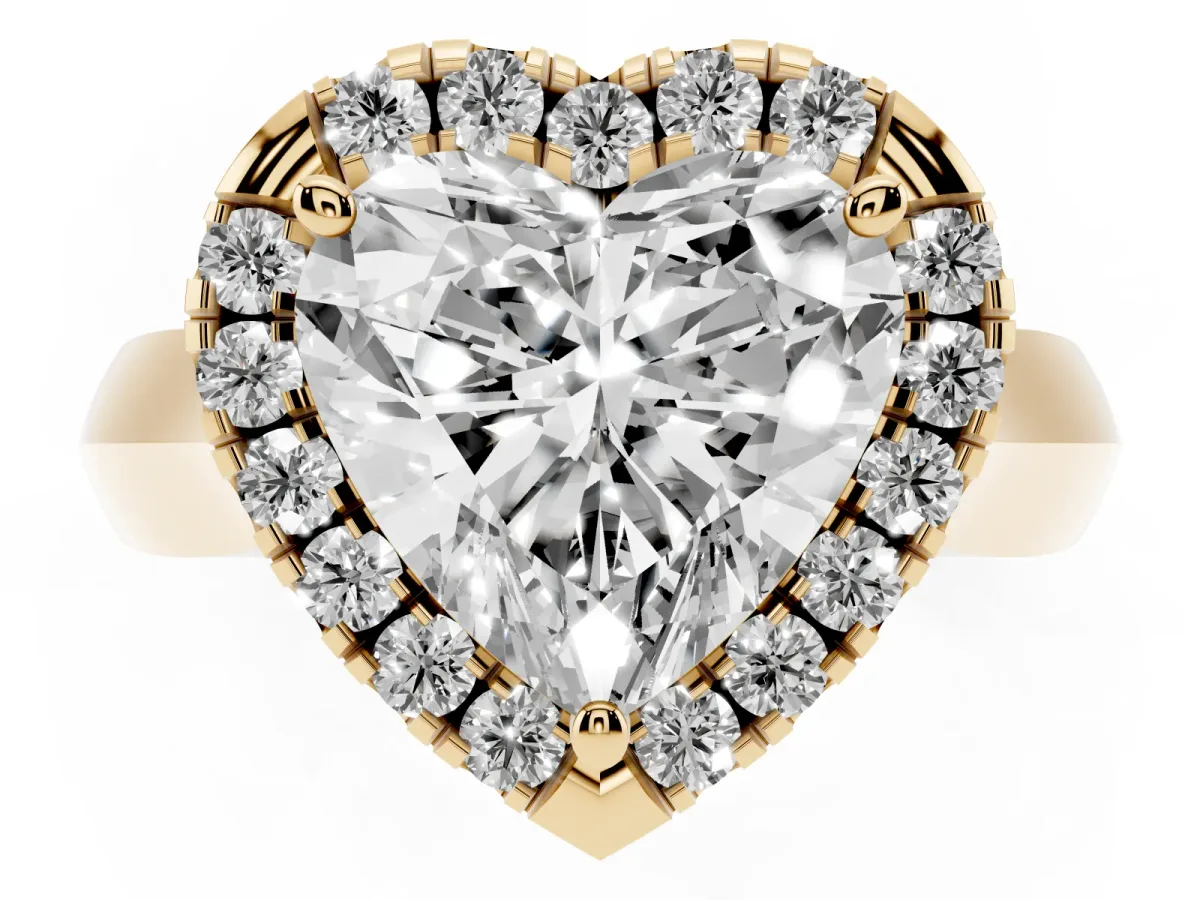 Heart Cut Cut Halo Solitaire Engagement Ring with Square Band and Four-Prong Setting Yellow gold