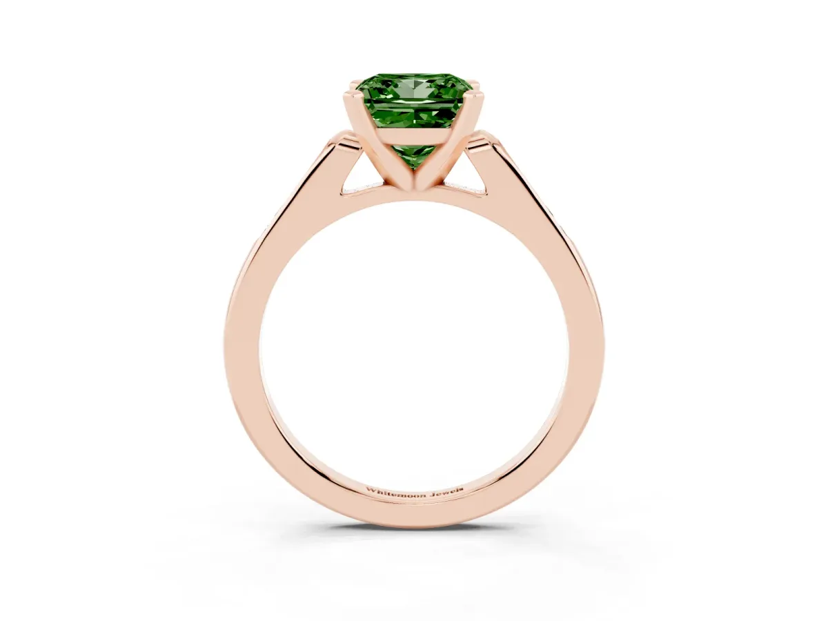 Fancy Green Princess Cut Diamond Solitaire Ring with Channel Set Round Band and Prong Setting Rose gold