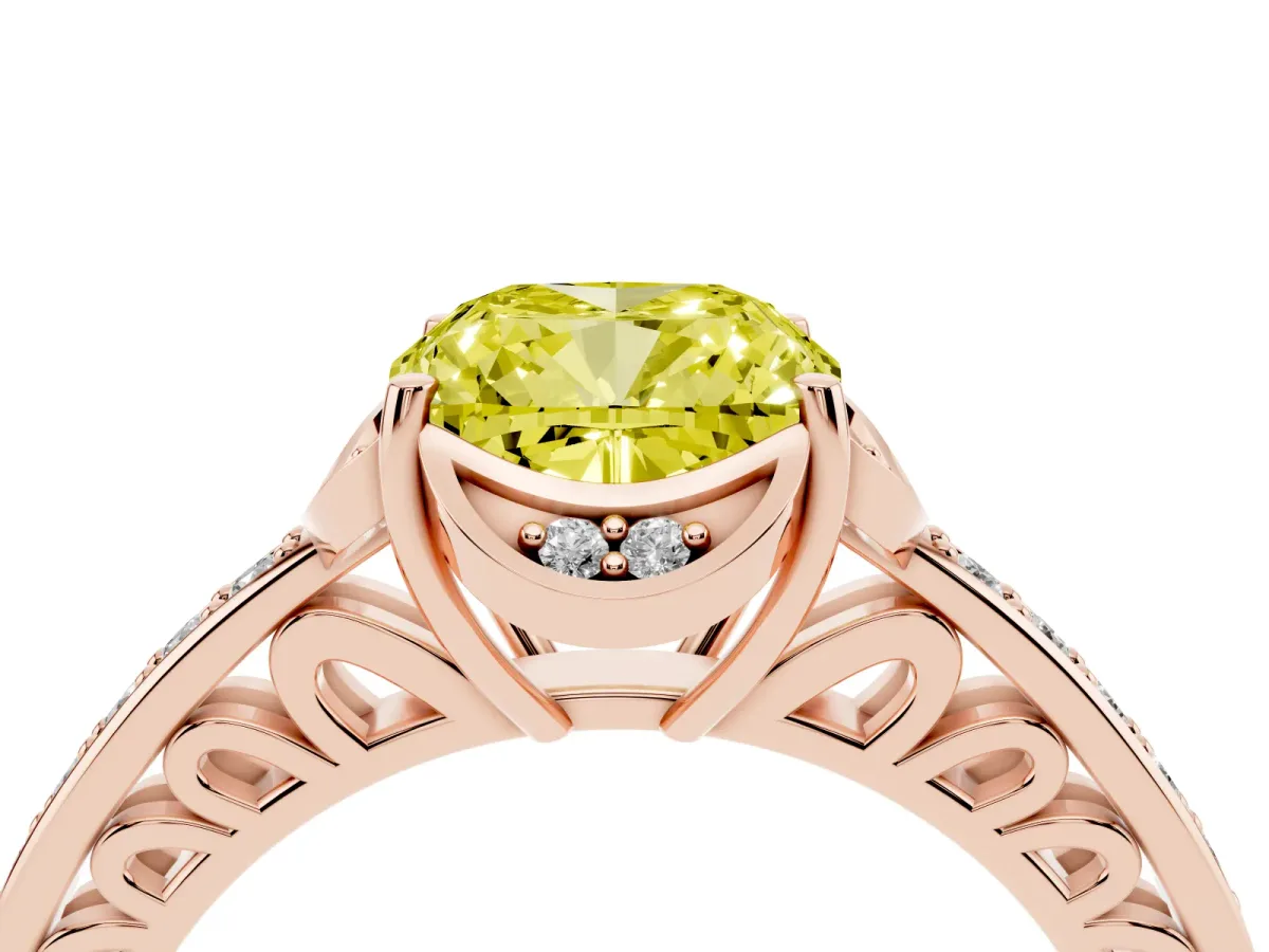 Fancy Yellow Cushion Cut Cut Halo Diamond Ring with Channel Set Band and Four-Prong Setting Rose gold