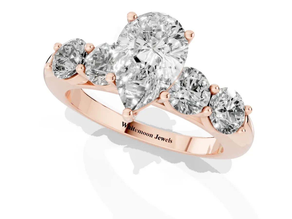 Pear Cut Cut Five-Stone Prong Set Diamond Ring with Classic Band Rose gold