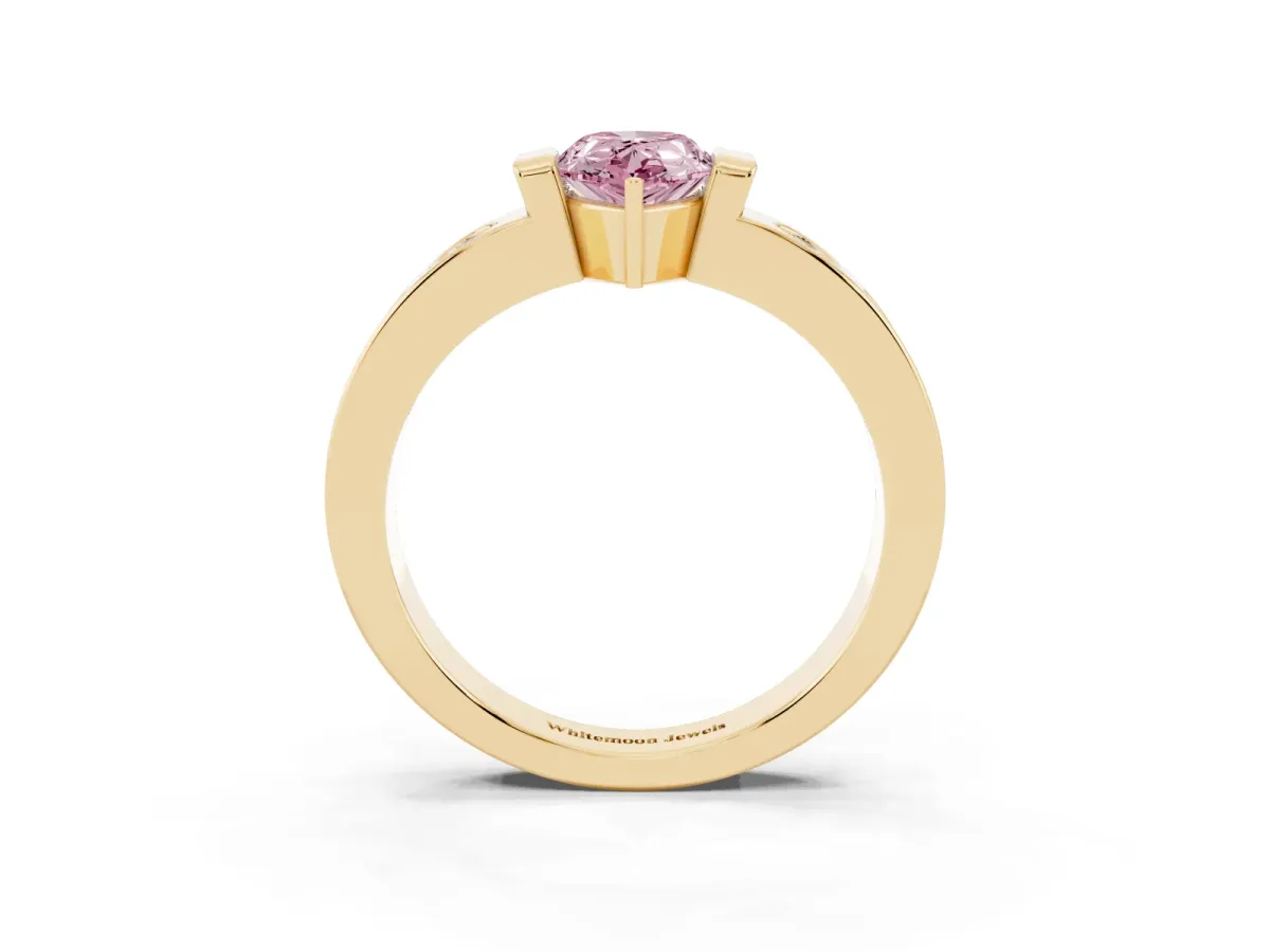 Fancy Pink Pear Cut Brilliant Channel-Set Diamond Ring with Bezel Prong Setting Yellow gold