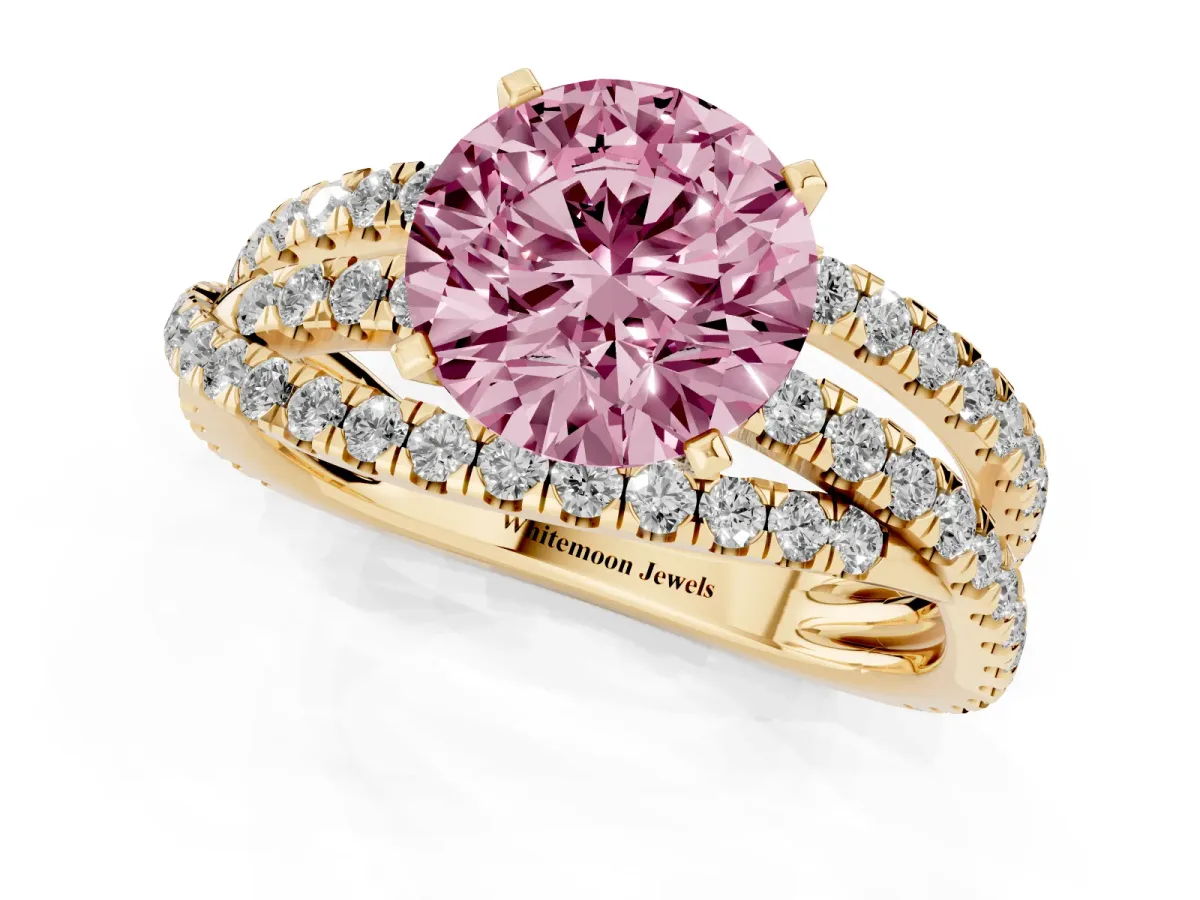 Fancy Pink Round Cut Solitaire Twist Band with Pavé Setting and Four-Prong Setting Yellow gold