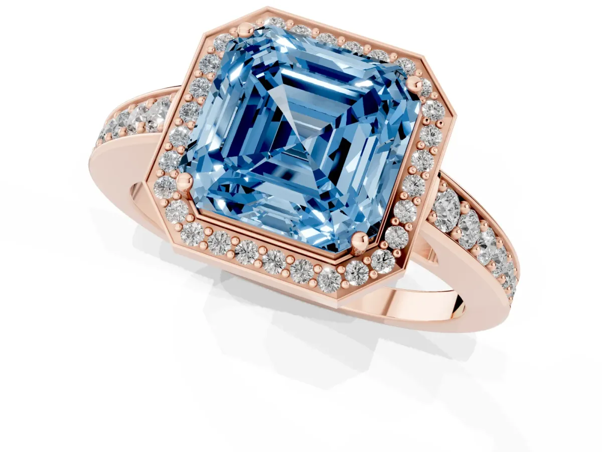 Fancy Blue Asscher Cut Halo Pavé Diamond Engagement Ring with Bezel Setting Rose gold