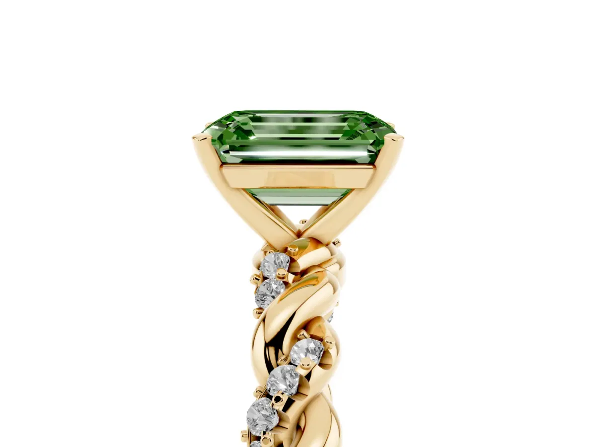 Fancy Green Emerald Cut Diamond Solitaire Ring with Twisted Band and Pavé Accents Yellow gold