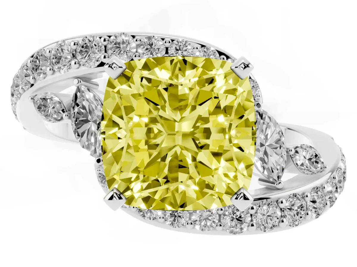 Fancy Yellow Cushion Cut Diamond Solitaire Ring with Filigree Band and Four-Prong Setting Silver