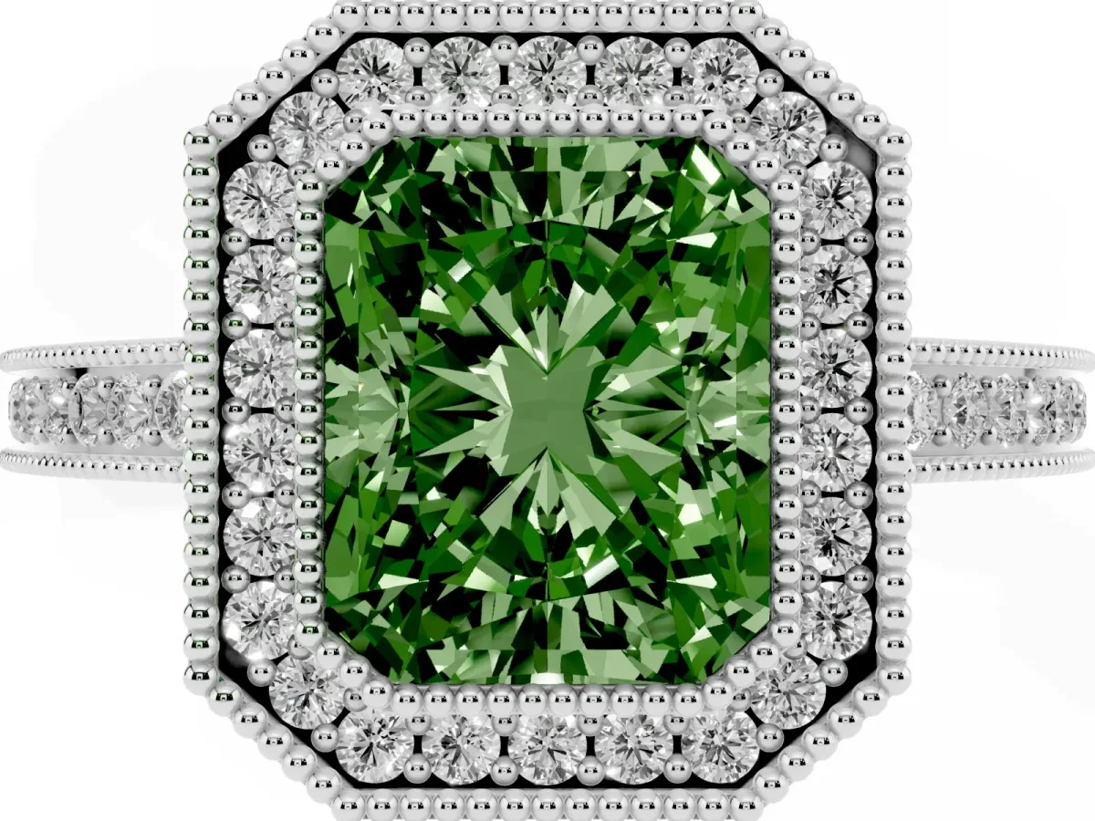 Fancy Green Radiant Cut Cut Halo Diamond Ring with Pavé Band and Milgrain Prong Setting Platinum