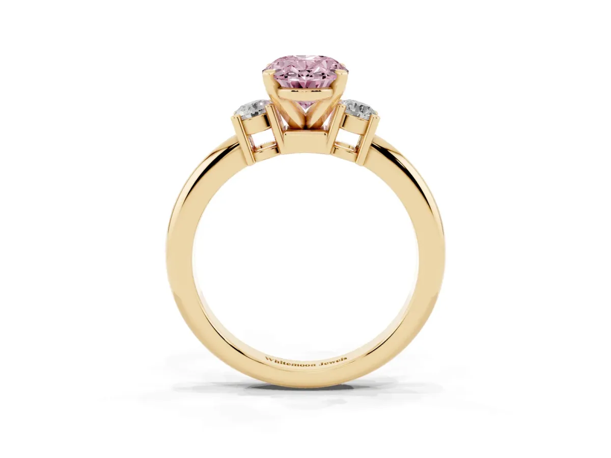 Fancy Pink Three-Stone Oval Cut Cut Diamond Solitaire with Prong Setting and Classic Band Yellow gold