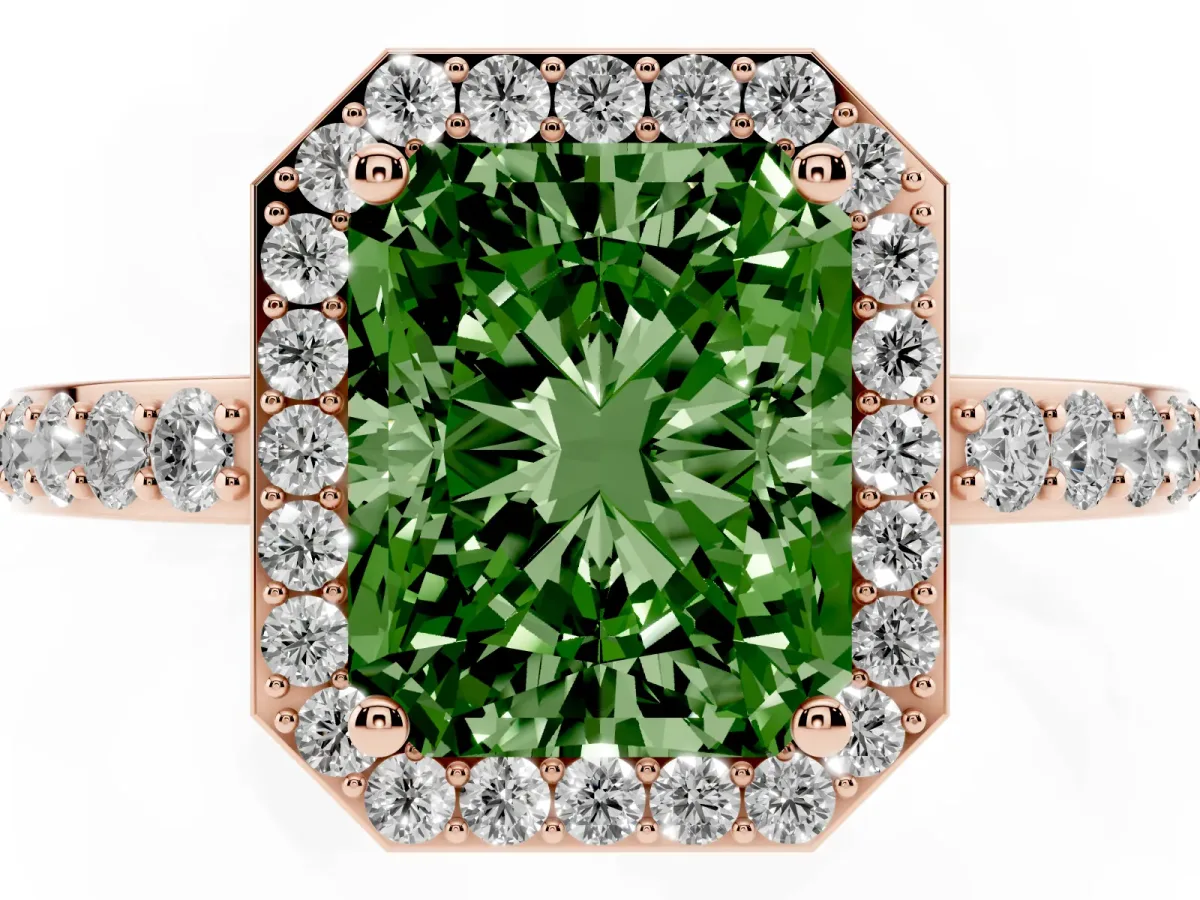 Fancy Green Radiant Cut Halo Diamond Pavé Band Ring with Prong Setting Rose gold