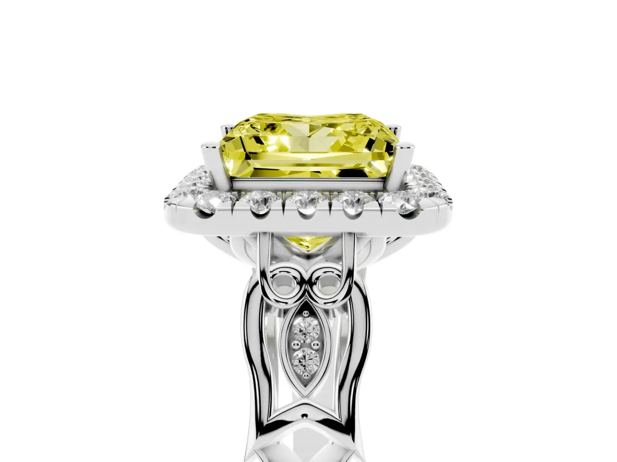 Fancy Yellow Princess Cut Halo Diamond Engagement Ring with Filigree Band and Four-Prong Setting White gold