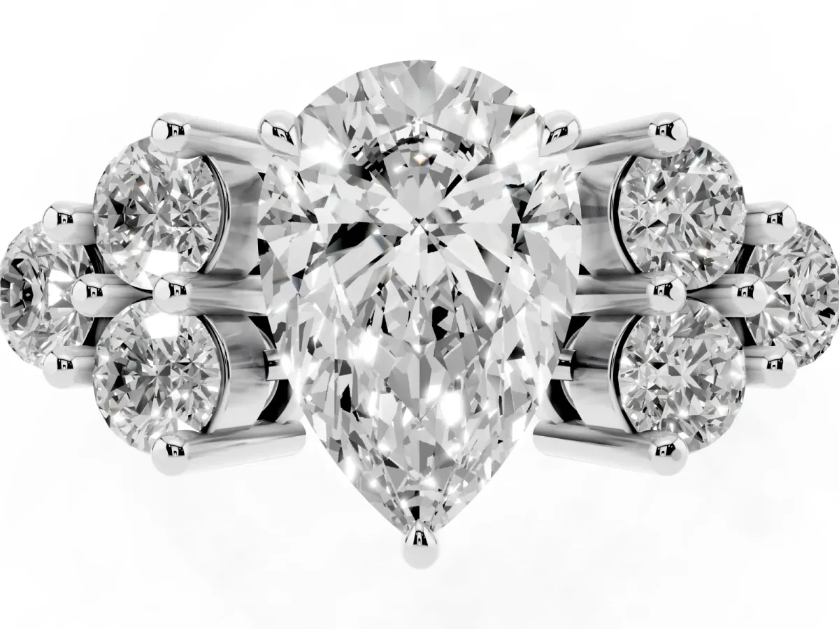 Pear Cut Brilliant Diamond Cluster Accent Solitaire Ring with Prong Setting Silver