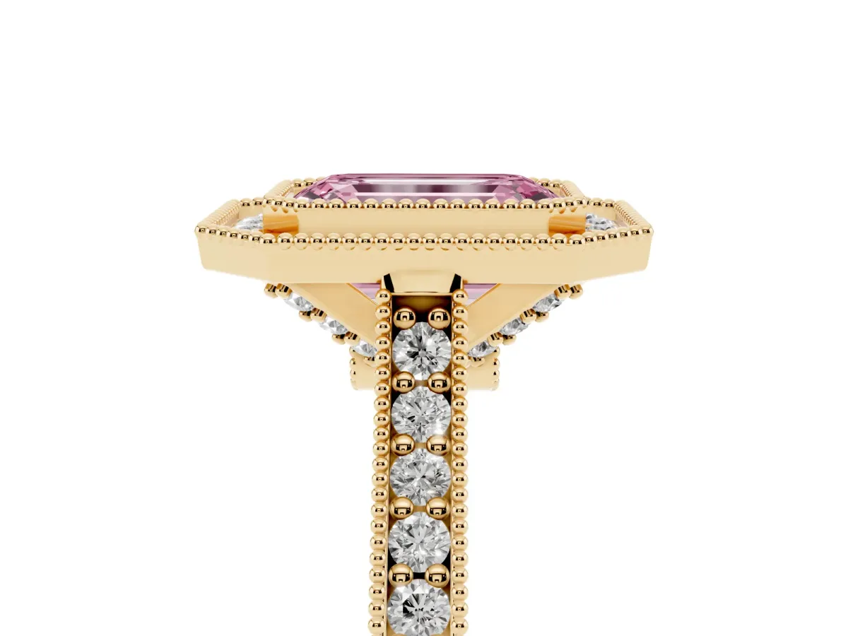 Fancy Pink Halo Emerald Cut-Cut Diamond Pave Band Milgrain Prong Setting Ring Yellow gold