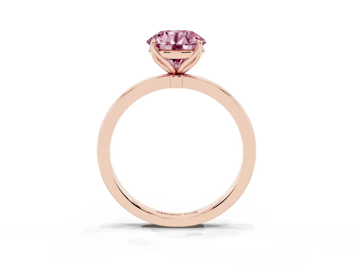 Fancy Pink Round Cut Diamond Solitaire Ring with Thin Band and Prong Setting Rose gold