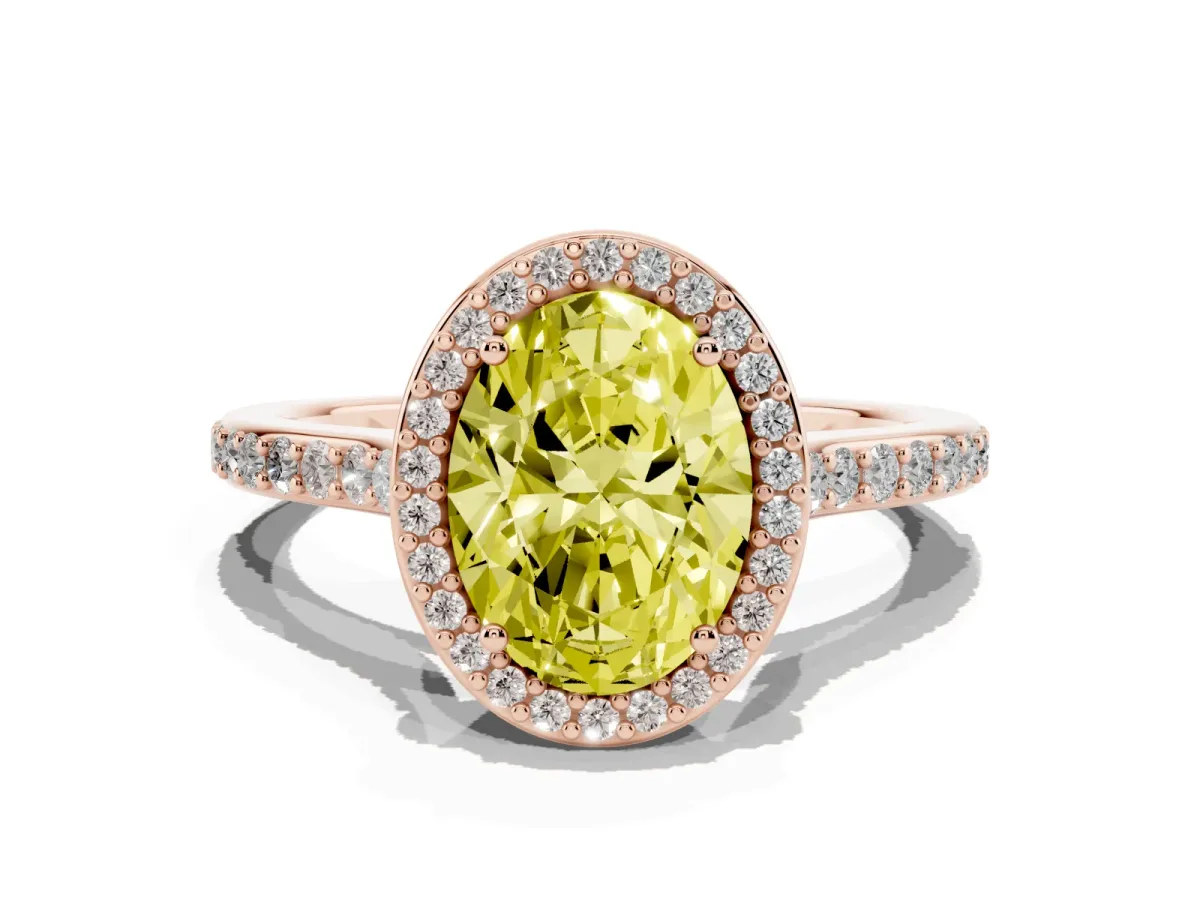 Fancy Yellow Oval Cut Diamond Halo Engagement Ring with Round Pavé Shoulders and Prong Setting Rose gold