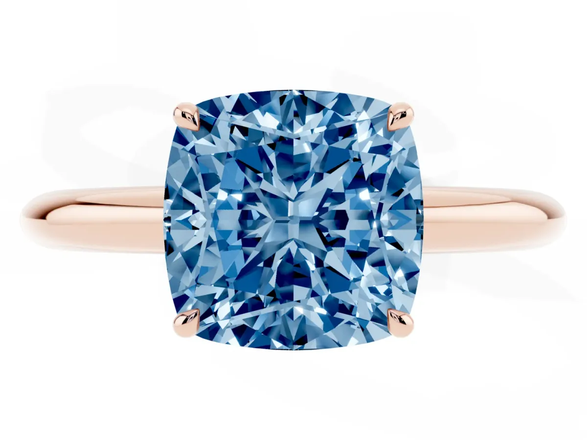 Fancy Blue Cushion Cut Brilliant Solitaire Engagement Ring with Six-Prong Setting and Classic Band Rose gold