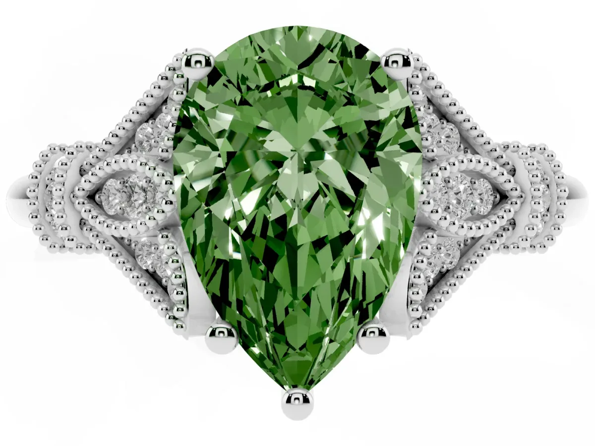 Fancy Green Pear Cut Diamond Solitaire Ring with Floral Filigree and Pave Accents Silver